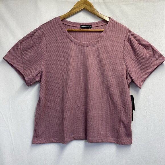Zoe + Phoebe Short Puff Sleeve Round Neck Waffle Knit Top Women XL Mauve NWT - Picture 1 of 16